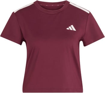 Damen-Weinrot-T-Shirt von Adidas mit weißen Streifen an den Schultern und Logo.