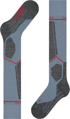 Zwei dunkelgraue und blaue Socken mit roten Details und Logo. Zwei dunkelgraue und blaue Socken mit roten Details und Logo.