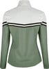 Grüne Damenjacke mit weißem Oberteil und Streifen.