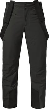 Schwarze Skihose mit abnehmbaren Hosenträgern und verstärkten Beinabschlüssen.