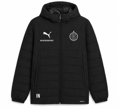 Schwarze Puma Steppjacke mit Puma, Intersport und EK Sturm Graz Logos.