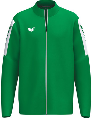 Grüne Herrenjacke mit weißen Streifen an den Ärmeln und Erima-Logo. Grüne Herrenjacke mit weißen Streifen an den Ärmeln und Erima-Logo.