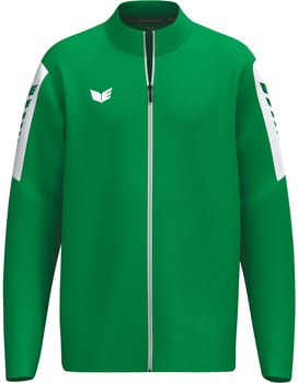 Grüne Herrenjacke mit weißen Streifen an den Ärmeln und Erima-Logo.