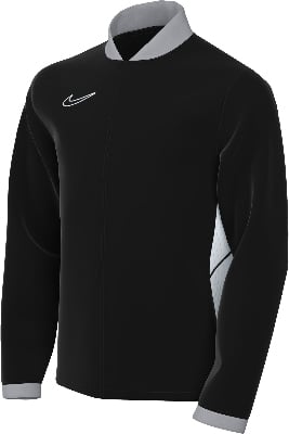 Schwarze Nike Jacke mit grauem Kragen und weißen Seitenpaneelen.