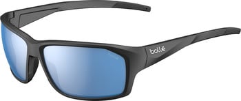 Schwarze Bolle Sonnenbrille mit blauen verspiegelten Gläsern und Markenlogo.