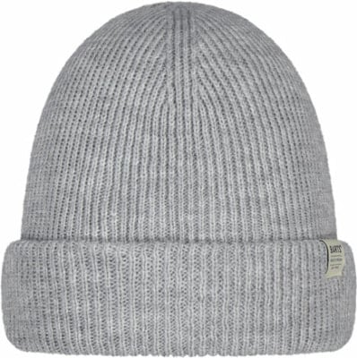 Graue Strickmütze mit Umschlag und kleinem Label.
