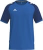Blaues Sport-T-Shirt mit dunkleren Ärmeln und weißem Erima-Logo.