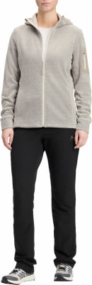Damen-Kapuzenjacke mit schwarzer Hose und Sportschuhen. Damen-Kapuzenjacke mit schwarzer Hose und Sportschuhen.