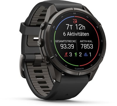 Eine Garmin Smartwatch mit schwarzem Armband und einem Zifferblatt, das Aktivitäten anzeigt. Eine Garmin Smartwatch mit schwarzem Armband und einem Zifferblatt, das Aktivitäten anzeigt.