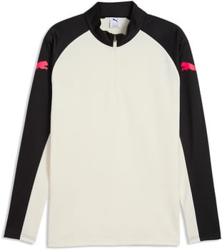 Beigefarbener Puma-Pullover mit schwarzen Ärmeln und pinkem Logo.