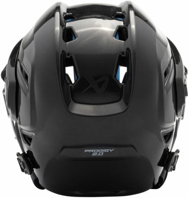 Schwarzer Helm mit Logo und Schriftzug Prodigy 2.0 auf der Rückseite. Schwarzer Helm mit Logo und Schriftzug Prodigy 2.0 auf der Rückseite.