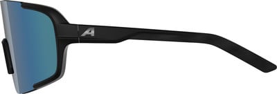 Schwarze Sportsonnenbrille mit blauen Spiegellinsen und A-Logo. Schwarze Sportsonnenbrille mit blauen Spiegellinsen und A-Logo.