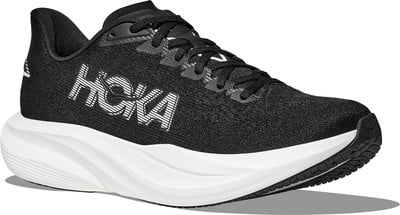 Schwarzer Hoka Laufschuh mit weißem Logo und weißer Sohle. Schwarzer Hoka Laufschuh mit weißem Logo und weißer Sohle.
