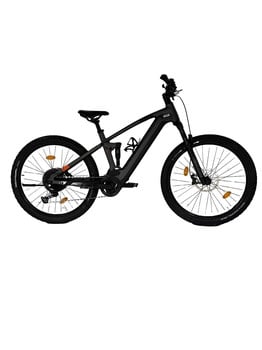 Schwarzes E-Bike mit Federung und Scheibenbremsen.