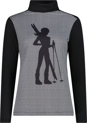 Schwarzer Rollkragenpullover für Damen mit Skifahrerin-Print und geometrischem Muster. Schwarzer Rollkragenpullover für Damen mit Skifahrerin-Print und geometrischem Muster.