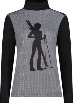 Schwarzer Rollkragenpullover für Damen mit Skifahrerin-Print und geometrischem Muster.