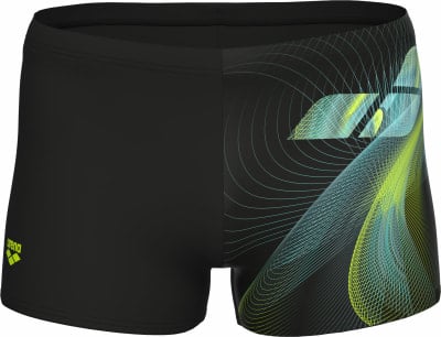 Schwarze Badehose mit neonfarbenem grafischem Muster und Arena-Logo. Schwarze Badehose mit neonfarbenem grafischem Muster und Arena-Logo.