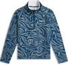 Herren-Pullover in Blau mit Print und weißem Kragen.