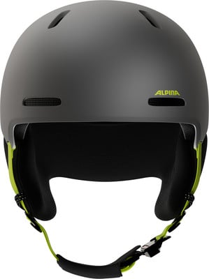 Grauer Skihelm mit neongrünen Details und Alpina-Logo. Grauer Skihelm mit neongrünen Details und Alpina-Logo.