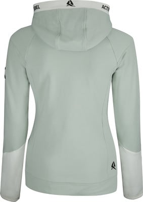 Grüne Damen-Kapuzenjacke mit Logo auf dem Rücken.