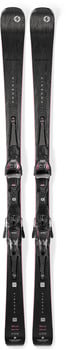 Schwarze Skier mit rosa Details und schwarzen Bindungen auf weißem Hintergrund.
