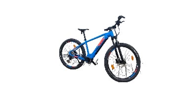 Ein blaues E-Mountainbike mit schwarzen Details und Federung.