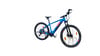 Ein blaues E-Mountainbike mit schwarzen Details und Federung.