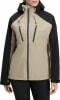 Damen-Jacke in Beige und Schwarz mit Kapuze und Reißverschluss.