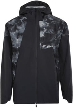 Schwarze Kapuzenjacke mit Tie-Dye-Muster auf Schultern und Brust.