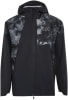 Schwarze Kapuzenjacke mit Tie-Dye-Muster auf Schultern und Brust.