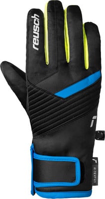 Schwarze Skihandschuhe mit gelben und blauen Akzenten und Reusch-Logo. Schwarze Skihandschuhe mit gelben und blauen Akzenten und Reusch-Logo.