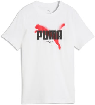 Weißes T-Shirt mit Puma-Logo in Rot und Schwarz.