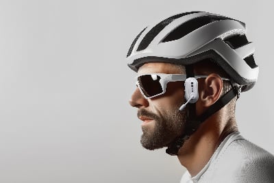 Mann mit Fahrradhelm und Brille mit Headset. Mann mit Fahrradhelm und Brille mit Headset.