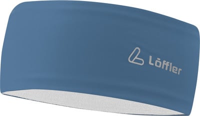 Eine blaue Stirnband mit Löffler-Logo auf blauem Hintergrund.