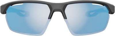 Graue Sportbrille mit blauen verspiegelten Gläsern und dunklem Rahmen.