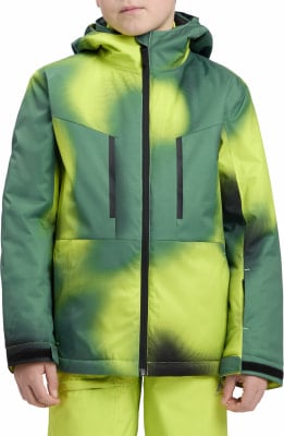 Grüne und gelbe Winterjacke mit Kapuze und schwarzem Reißverschluss, mit buntem Muster.