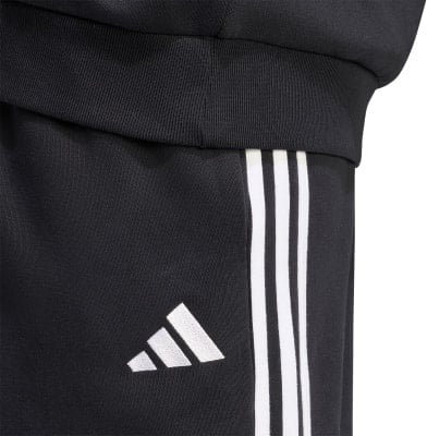 Schwarze Adidas Sporthose mit weißen Streifen und Logo.