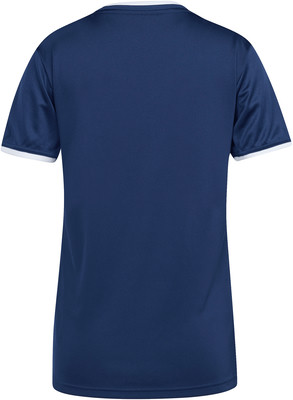 Rückseite eines dunkelblauen T-Shirts mit weißer Paspel an den Ärmeln und am Hals. Rückseite eines dunkelblauen T-Shirts mit weißer Paspel an den Ärmeln und am Hals.