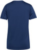 Rückseite eines dunkelblauen T-Shirts mit weißer Paspel an den Ärmeln und am Hals.