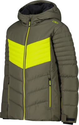 Grüne Daunenjacke mit neongelbem Streifen und CMP-Logo auf der Schulter.
