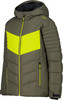 Grüne Daunenjacke mit neongelbem Streifen und CMP-Logo auf der Schulter.
