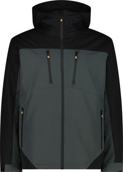 Schwarze und dunkelgraue Herrenjacke mit Kapuze und Reißverschlusstaschen.