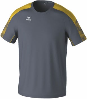 Herren dunkelgraues T-Shirt mit gelben Akzenten und Erima-Logo.