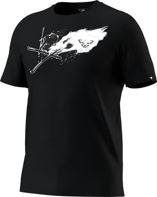 Schwarzes T-Shirt mit Skifahrer- und Schneespritzer-Motiv. Schwarzes T-Shirt mit Skifahrer- und Schneespritzer-Motiv.