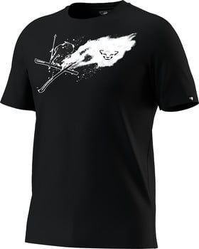 Schwarzes T-Shirt mit Skifahrer- und Schneespritzer-Motiv.