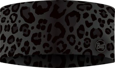Schwarzes Stirnband mit grauem Leopardenmuster und Buff-Logo. Schwarzes Stirnband mit grauem Leopardenmuster und Buff-Logo.