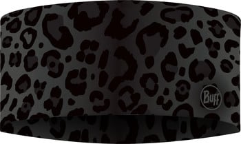 Schwarzes Stirnband mit grauem Leopardenmuster und Buff-Logo.