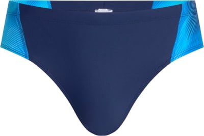 Marineblaue Badehose mit blauen Streifen an den Seiten. Marineblaue Badehose mit blauen Streifen an den Seiten.