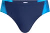 Marineblaue Badehose mit blauen Streifen an den Seiten.