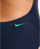 Detail einer dunkelblauen Badehose mit türkisfarbenem Nike-Logo.